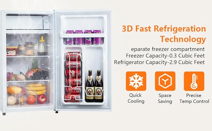 3.2 Cu.Ft Mini Fridge with Freezer, Small Refrigerator with Single Door and Adjustable Thermostat, Shelf, Energy Efficient, Compact Fridge for Bedroom, Office，white-Ruum Studio Home