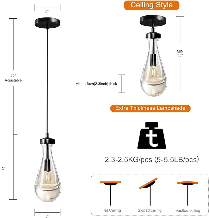 Modern Raindrop Pendant Lights Set of 3, Pendant Lights Kitchen Island 3 Pack, Matte Black Pendant Lights for Bedroom Bathroom, Chandelier for Living Room Hallway, Bulb Included-Ruum Studio Home