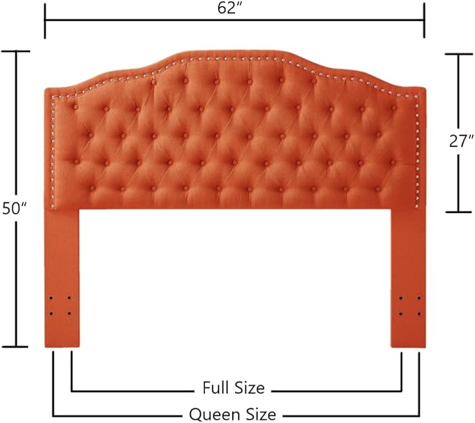 24KF Upholstered Button Tufted Queen Headboard with Nailhead Trim, Elegant Boucle Fabric Full headboard, 6031-Q-Boucle-Orange-Ruum Studio Home