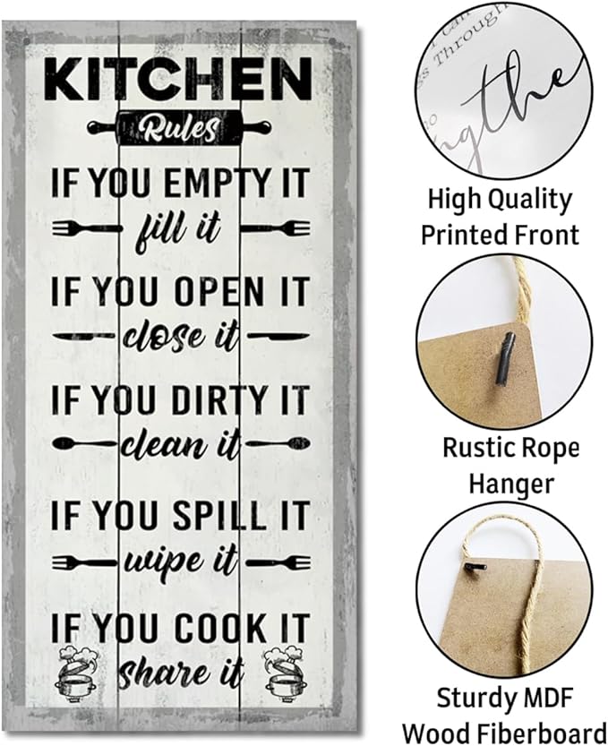 Hanging Kitchen Rules Wood Decor Sign, Rustic Kitchen Wooden Signs, Printed Wood Wall Art Sign, Kitchen Door Rules Rustic Sign, Hanging Wood Sign Kitchen Decor, Funny Farmhouse Kitchen Wall Décor J1-Ruum Studio Home