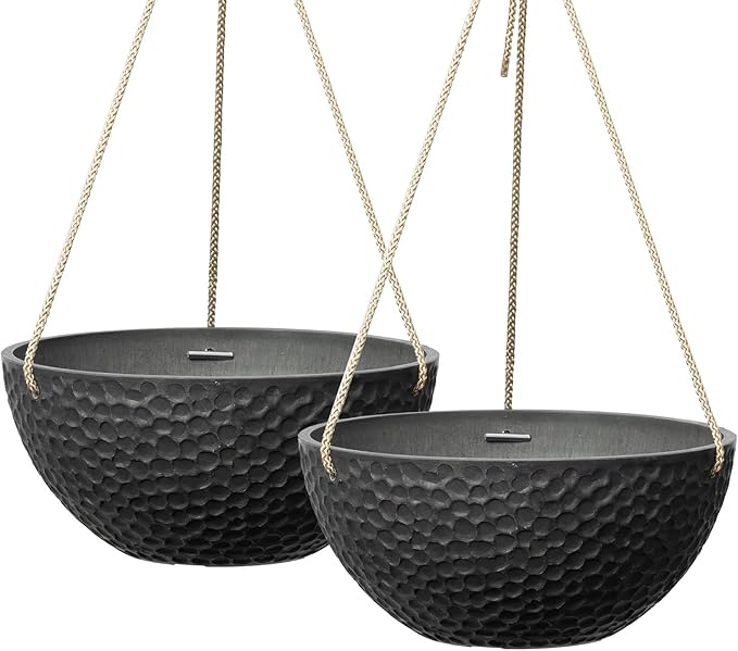 LA JOLIE MUSE Hanging Planters for Indoor Plants, Medium Hanging Planters with Drain Holes, Outdoor Hanging Flower Pots, Matte Black, Honeycomb (10 Inch, Set of 2)-Ruum Studio Home