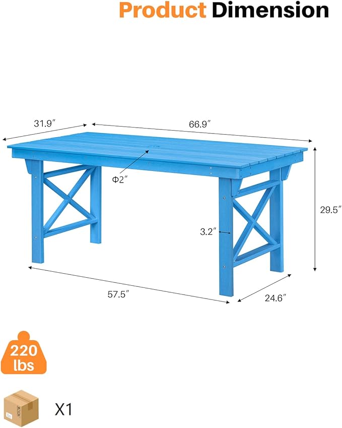 HDPE Outdoor Dining Table, 66.9” Rectangle Patio Dining Table for 6, All-Weather HDPE Outdoor Table with 2.2” Umbrella Hole, HDPE Patio Furniture for Deck, Backyard, Garden, Pool, Sky Blue-Ruum Studio Home