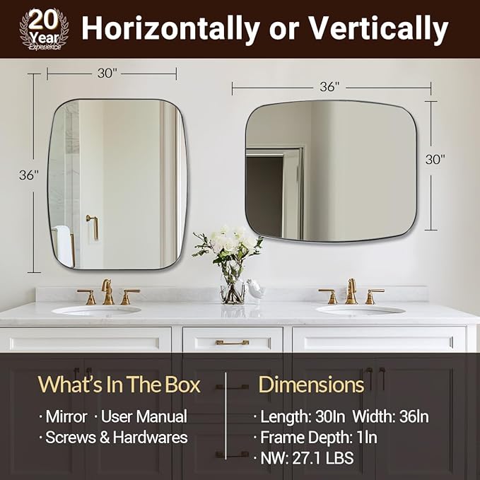 ANDY STAR Brushed Nickel Bathroom Mirror, 30x36’’ Oblong Mirror with Stainless Steel Metal Frame, Silver Oval Vanity Mirror for Over Sink, Modern Anti Rust Wall Mounted-Ruum Studio Home