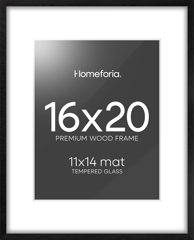 Homeforia 16x20 Black Wood Frame, High End Oak 16x20 Picture Frames with Mat 11x14 Photo, 16 x 20 Wooden Poster Frame Matted to 11 by 14 Print, 20x16 Hanging Frames, Tempered Glass, Wall Kit, Set of 1-Ruum Studio Home