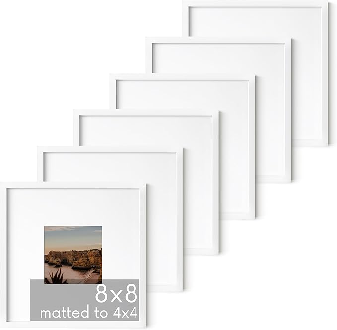 HAUS AND HUES 8x8 White Metal Picture Frames Matted to 4x4 - Features Premium Aluminum, Shatterproof Plexiglass - Ideal for Home, Room, Office (8x8 in, White, Set of 6)-Ruum Studio Home