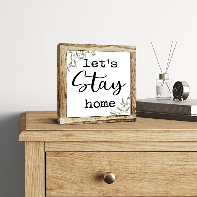 Rustic Wooden “Let’s Stay Home” Sign – Wooden Plaques Sign Table Decor, Shelf or Desk Decor, Farmhouse Living Room and Family Room Decoration, Cozy Home Accent and Housewarming Gift-Ruum Studio Home