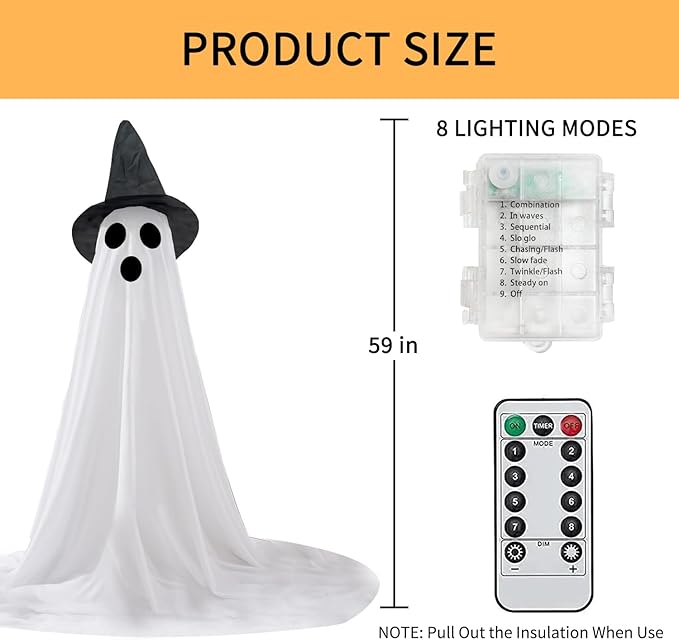 2 Packs Halloween Ghost Outdoor Decorations, 59” Light Up Ghost Decor with Remote Control, Adjustable Height Standing Halloween Lighted Ghost Kit with Witch Hat Ideal for Porch, Garden, Yard-Ruum Studio Home