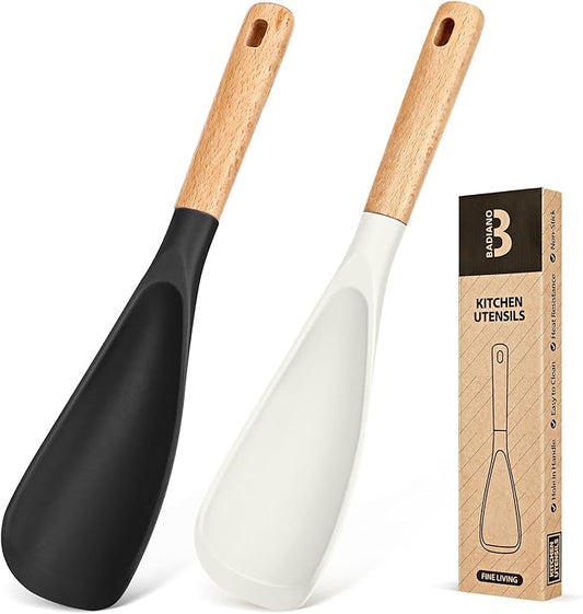 Cooking Spoon for Nonstick Cookwares, Great for Cooking and Serving Sturdy BPA-Free Matte Silicone, Wood Handle Spoon for Mixing, Scoop, and Scrape (Black & White, 11.4 inch)-Ruum Studio Home