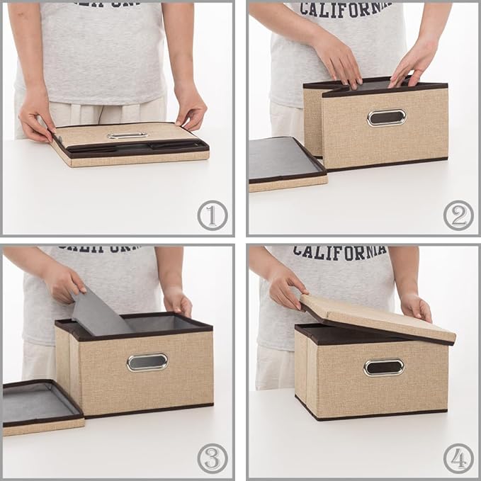 PRANDOM Storage Bins with Lids [3-Pack] Jute Fabric Foldable Storage Boxes Organizer Containers Baskets Cube with Cover for Home Bedroom Closet Office Nursery khaki（11.4X8.6X6.7-Ruum Studio Home