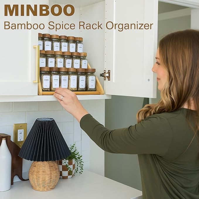 Bamboo Spice Rack Organizer - 3 Tier Foldable Wooden Spice Rack for Countertop, Cabinet & Drawer- Organic Bamboo-Extra Sturdy Wooden Spice Shelf, No Spice Jars Included-Ruum Studio Home