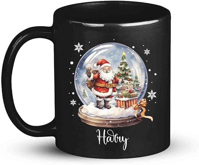 Custom Snow Ball Design Mug With Name, Personalized Black Cup 11oz 15oz, Snow Ball With Santa Claus And Christmas Tree Inside Design, Customized Christmas Themed Coffee Cup-Ruum Studio Home