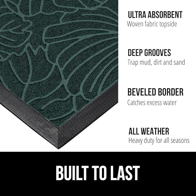 GORILLA GRIP 100% Waterproof All-Season WeatherMax Doormat US Designed Natural Rubber, Stain and Fade Resistant, Low Profile Indoor Outdoor Door Mats, Easy Clean Patio Mat, 17x29, Green Palm-Ruum Studio Home