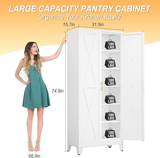 75" Tall Metal Kitchen Pantry Storage Cabinet, Freestanding Cupboard with 2 Doors and 5 Adjustable Shelves, Standing Storage for Kitchen, Bathroom, Garage, Dinning Room or Utility Room（White）-Ruum Studio Home