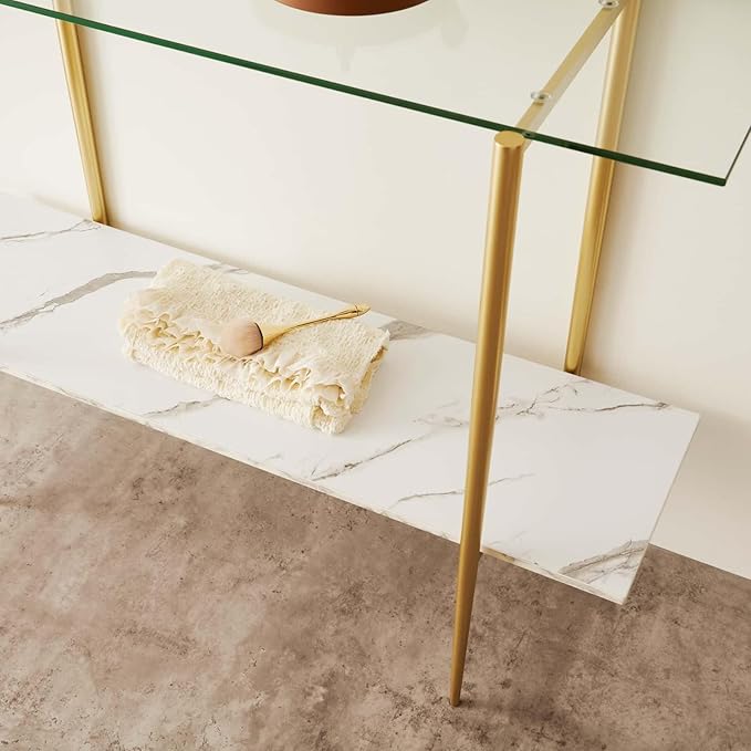 Glass Console Table for Living Room, Foyer & Entrance, 2-Tiers Mid-Century Modern Sofa Table with Clear Glass Top, White Marble Finish Wood Shelf and Gold Finish Frame-Ruum Studio Home