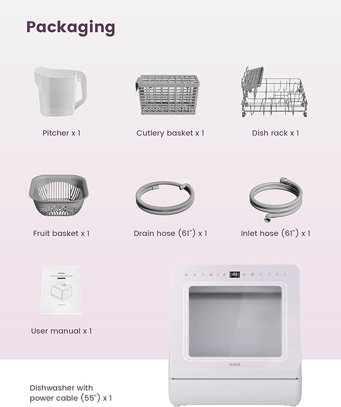 HAVA Countertop Dishwasher with Water Softener and Enhanced Energy Efficiency, Portable Dishwasher with 8 Wash Programs, Child Lock & Delayed Start Function, No Installation Needed - Misty Lilac-Ruum Studio Home