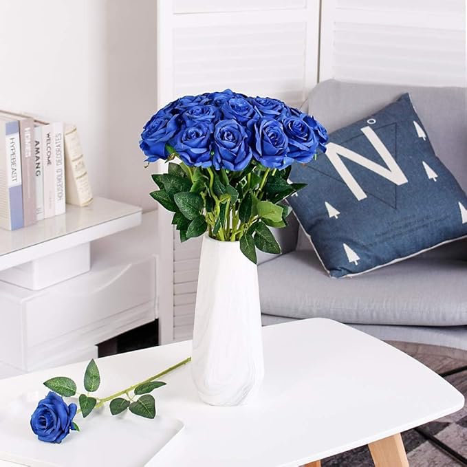 Blue Fake Roses Artificial Flowers - 16 Pcs Fake Artificial Roses Silk Flowers with Stems for Home Wedding Hotel Office Centerpiece Decor-Ruum Studio Home