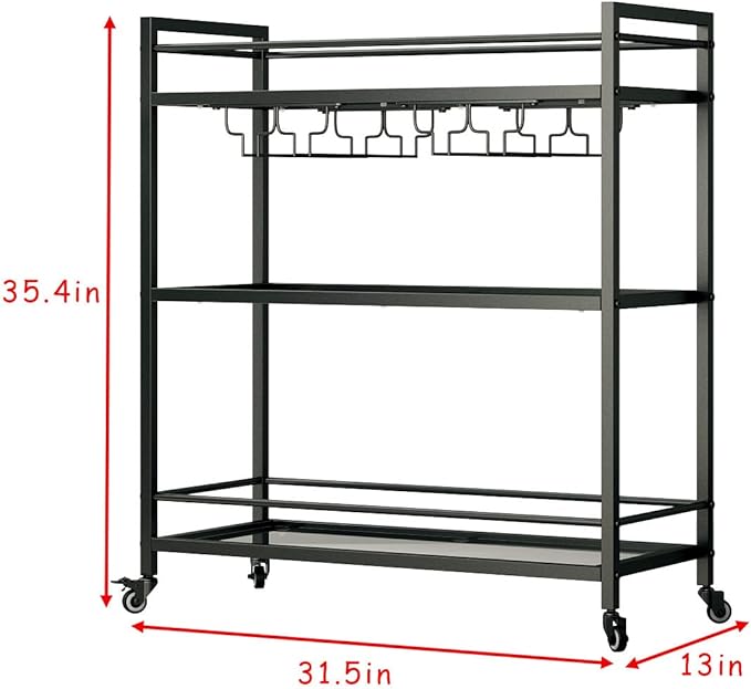 Glass Black Bar Carts for Home with Hanging Wine Rack - Home Bar Serving Cart with 3 Mirrored Shelves, Kitchen Bar Carts, Wine Cart for Entertaining, Club Party.-Ruum Studio Home