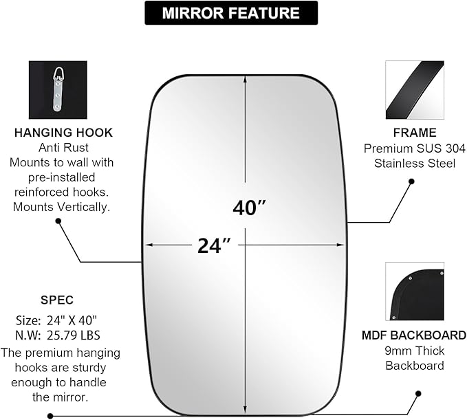 ANDY STAR 24x40” Black Bathroom Mirror, Oblong Vanity Mirror with Stainless Steel Metal Frame, Matte Black Oval Mirror for Over Sink, Modern Anti Rust Wall Mounted-Ruum Studio Home