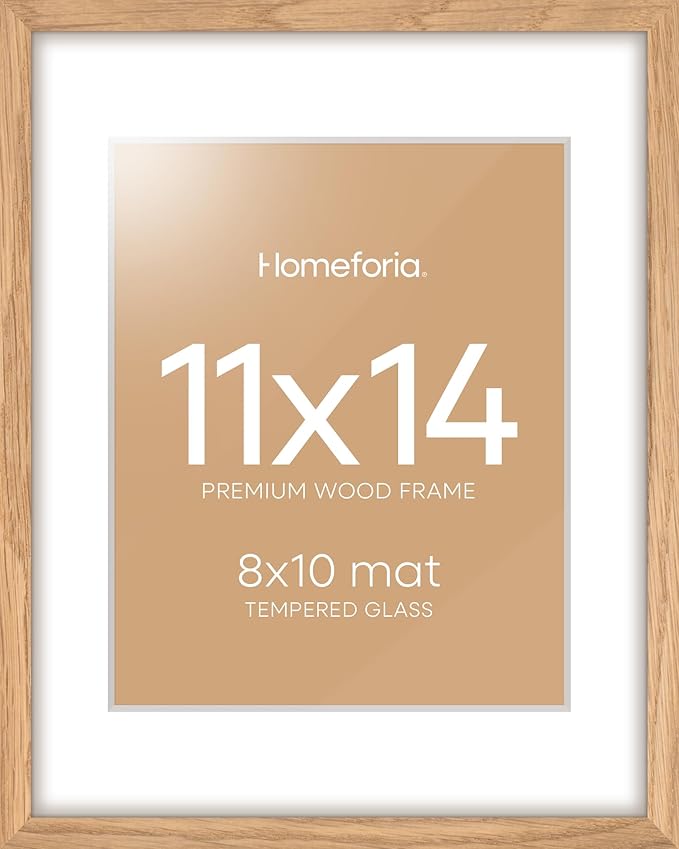 Homeforia 11x14 Picture Frame Wood, High End Natural Oak 11x14 Light Wooden Poster Frames with Mat 8x10, 11 x 14 Frames Matted to 8 x 10 Photo, 14x11 Hanging Frames, Tempered Glass, Wall Kit, Set of 1-Ruum Studio Home