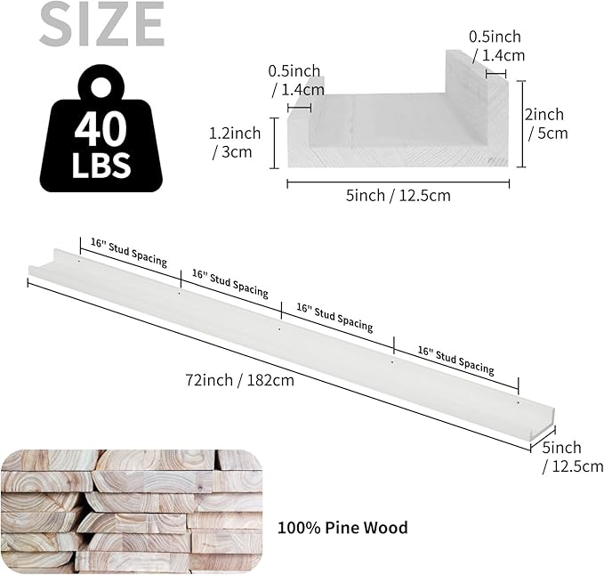 SAUMONIERES Picture Ledge Shelf Floating Book Shelves Set of 2 Wall Mounted Solid Wood for Bedroom Bathroom Living Room Kitchen, 72 Inch White-Ruum Studio Home