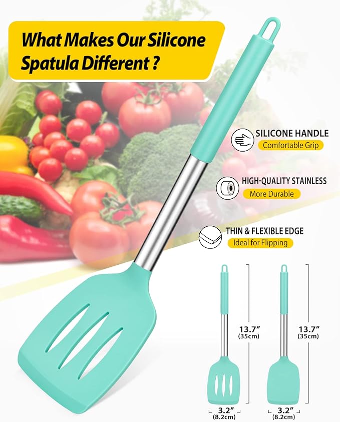Pack of 2 Silicone Solid Turner, Non Stick Slotted Kitchen Spatulas, High Heat Resistant BPA Free Cooking Utensils, Ideal Cookware for Fish, Eggs, Pancakes(Green)-Ruum Studio Home