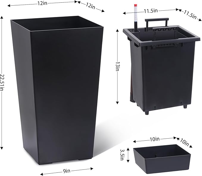22.5" Tall Planters Set of 2, Outdoor＆Indoor Black Planter Pots, High Front Porch Planter Pots with Drainage Holes＆Water Level Monitor＆Inner Bucket, Automatic Watering, Black-Ruum Studio Home
