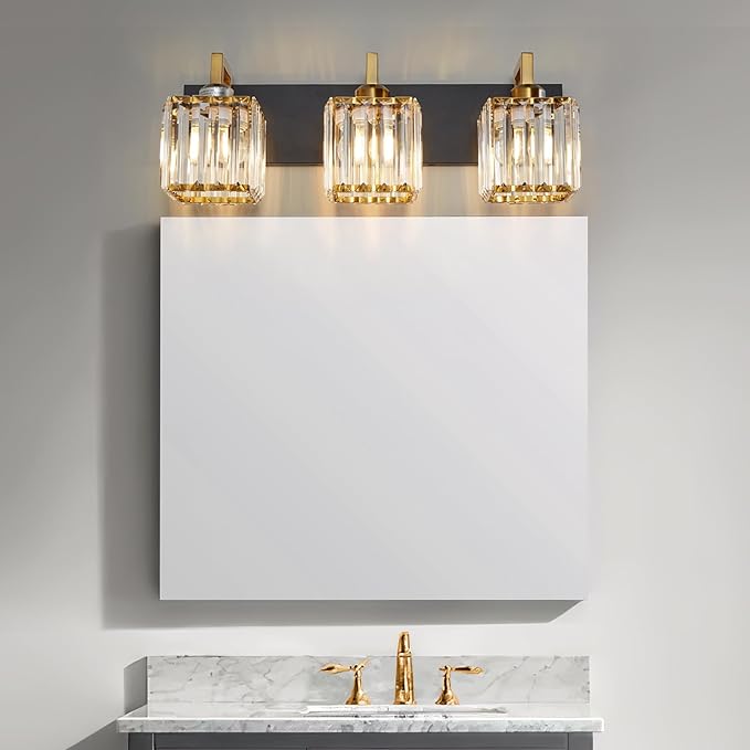 Modern Bathroom Vanity Light 3-Lights Black Gold Crystal Wall Lamp Bathroom Modern Crystal Vanity Lighting-Ruum Studio Home