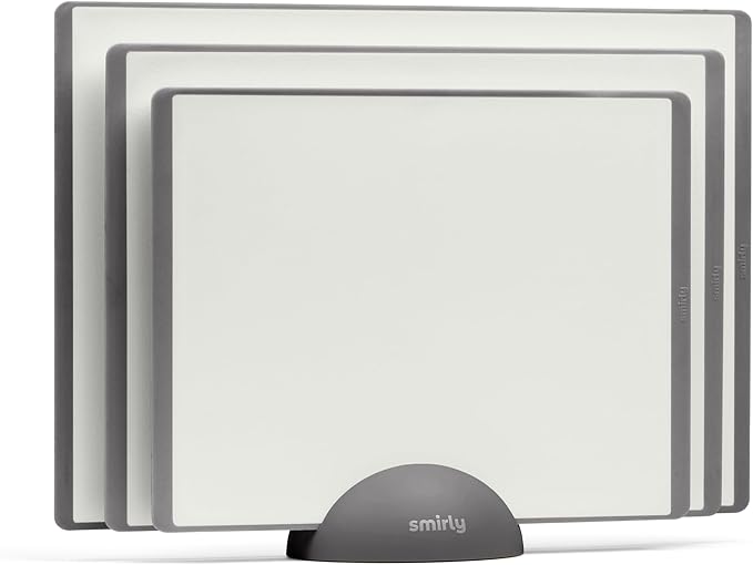 SMIRLY Plastic Cutting Board Set with Holder 3 Pieces, Non-Slip Dishwasher Safe Chopping Boards for Kitchen, Grey & White-Ruum Studio Home