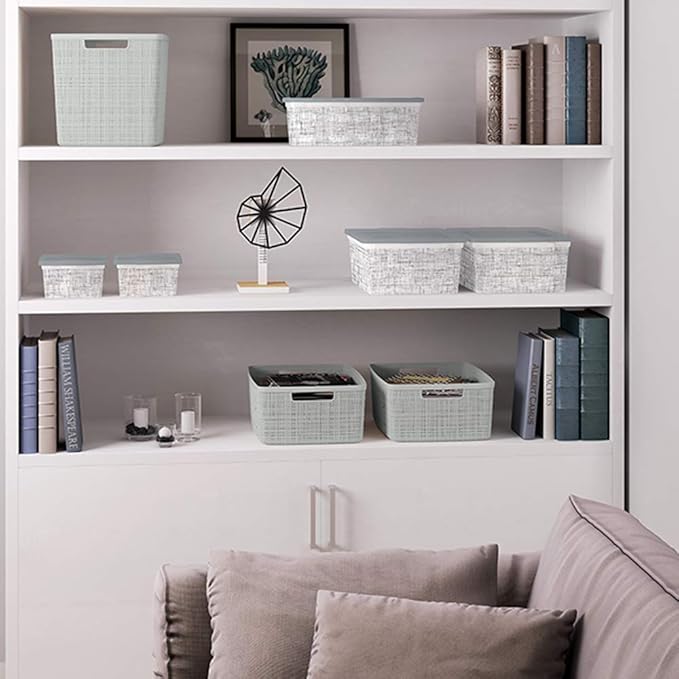 Curver Jute Decorative Plastic Organization and Storage Basket Perfect Bins for Home Office, Closet Shelves, Kitchen Pantry and All Bedroom Essentials, (Set of 6), Grey, Medium-Ruum Studio Home