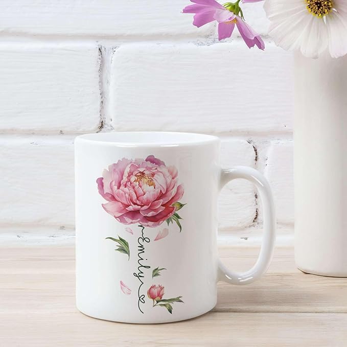 Flower Design Mug With Custom Name, Unique Peony Flower Ceramic Cup, Customized Flower Lover Coffee Mug, Personalized Peony Themed Decorative Cup, Novelty Peony Accent Mug 11oz 15oz-Ruum Studio Home