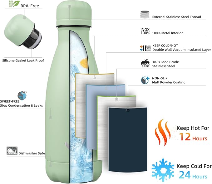 Insulated Water Bottles,12 oz Double Wall Stainless Steel Vacumm Metal Flask for Sports Travel,Macaron Green-Ruum Studio Home