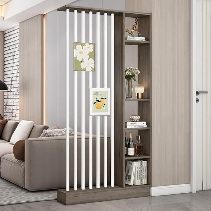 Wall Room Divider, Storage Cabinet Storage Display with Shelves, Modern Freestanding Wood Room Divider Screen, Wall Privacy Screens for Home Decorative (Grey Oak+White,39.5" L x 9.5" W x 79.5" H)-Ruum Studio Home