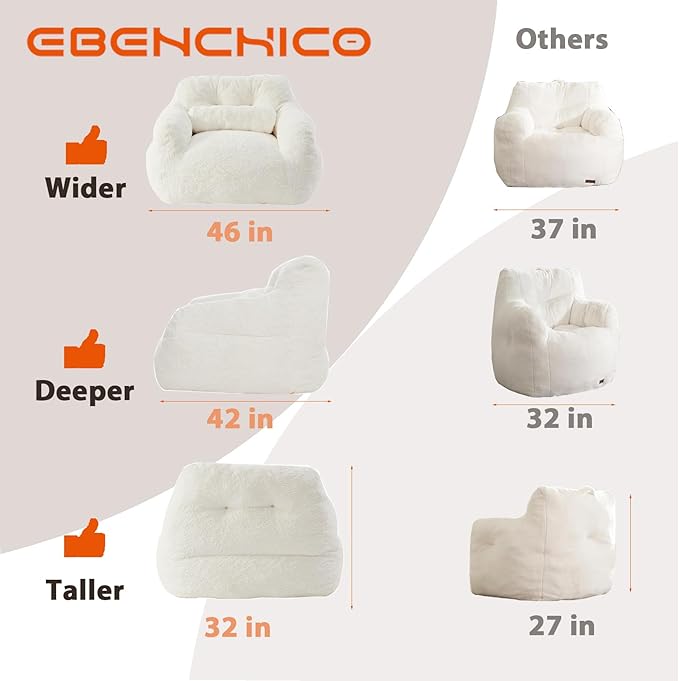 Bean Bag Chair for Adults with Pillow,Oversized Bean Bag Couch Chairs for Adults,Giant Lazy Couch Sofa Chairs with Filler,Large Reading Chair for Living Room Bedroom,White-Ruum Studio Home