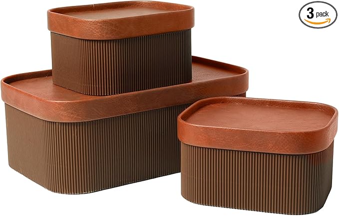 La Jolie Maison Fluted Cardboard Storage Baskets with Leather-Like Lids, Sturdy Stackable Paper Boxes Decorative Tray, Set of 3 Chestnut-Ruum Studio Home