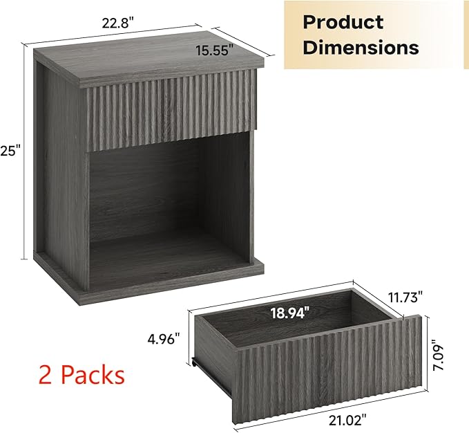 Fluted Nightstand Set of 2, 22.8" Wide Nightstands with Drawer Storage Large Wood BedsideTable Night Stands for Bedroom, Grey Oak-Ruum Studio Home