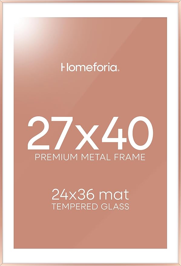 Homeforia 27x40 Poster Frame Rose Gold, High End Metal 27x40 Large Picture Frames with Mat 24x36 inch Photo, 27 x 40 Thin Frame Matted to 24 x 36 Print, 40x27 Frame, Tempered Glass, Wall Kit, Set of 1-Ruum Studio Home