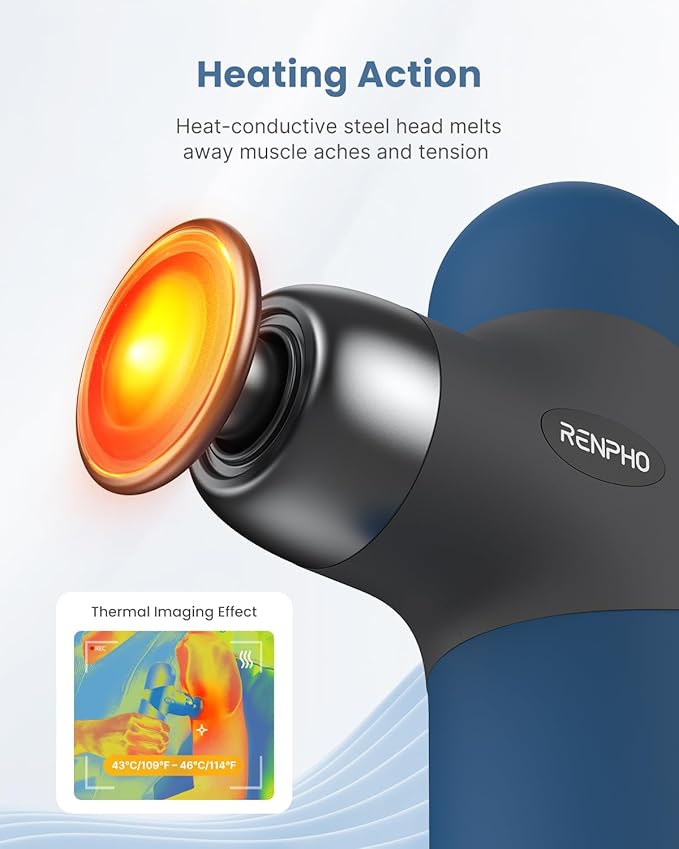 RENPHO Mini Thermal Massage Gun with Heat, Portable Deep Tissue Percussion Massager, Color Silicone Sleeves Travel Size with Carry Case, Aegean Blue-Ruum Studio Home