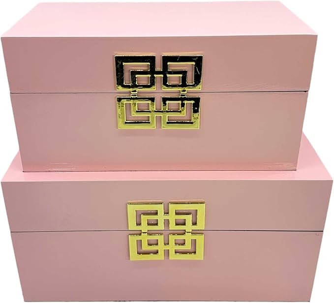 Galt International Storage Box Set Decorative Storage Box w/Hinged Lid Classic Design Wood Decor Boxes with Geometric Clasp Storage for Bedroom & Home - Set of 2 (Pink & Gold)-Ruum Studio Home
