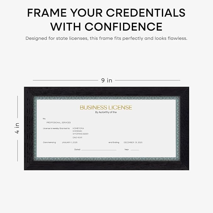 Homeforia 4x9 Business License Frame Black, High End Oak 4 x 9 Black Wood Certificate Frames, 9x4 Wooden Document Frames for Wall or Tabletop, 4 by 9 Picture Frames, Tempered Glass, Wall Kit, Set of 1-Ruum Studio Home