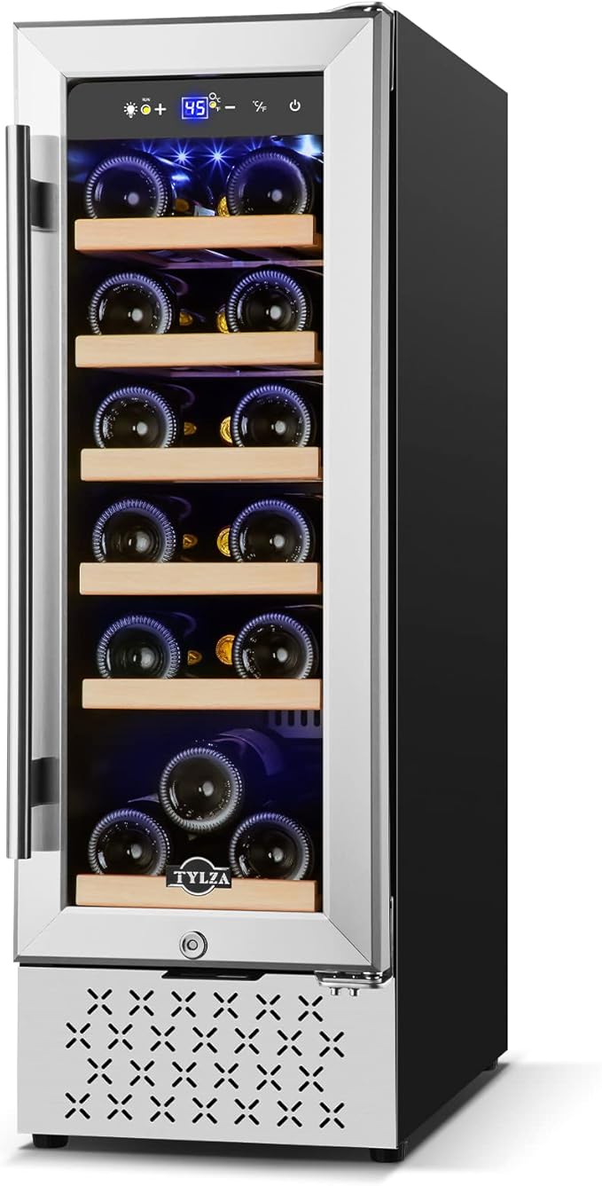 Tylza 12" Wine Cooler Refrigerator, 18 Bottle Wine Fridge Built-in or Freestanding with Stainless Steel & Double-Layer Tempered Glass Door, Compressor Fast Cooling, Low Noise and No Fog, Mini Fridge-Ruum Studio Home