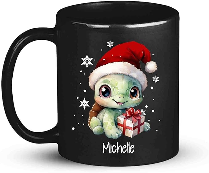 Coffee Mug With Xmas Turtle Design, Personalized Turtle Wearing Santa Hat Cup, Cute Baby Animal Black Mug 11oz 15oz, Custom Christmas Ceramic Cup, Customized Christmas Animal Mug Gift-Ruum Studio Home