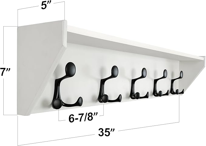 SKOLOO Wall Shelf with Hooks, 35-Inch White Coat Rack Wall Mount with Shelf Organizer - Lightweight & Sturdy, 5 Tri Hooks - Perfect for Entryway, Hallway, Living Room, Bedroom, Mudroom-Ruum Studio Home