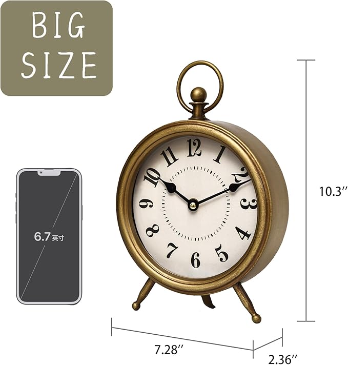 Vintage Table Clock on Stand, Decorative Desk and Shelf Clock Rustic Mantel Clock Non-Ticking, Metal Frame with Antique Gold Finish-Ruum Studio Home