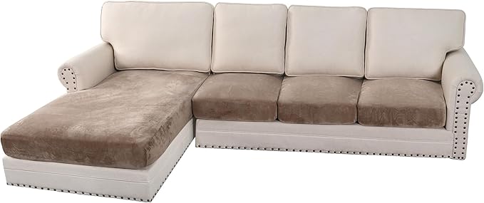 H.VERSAILTEX Velvet Stretch Sectional Couch Covers 4 Pieces Sofa Seat Cushion Covers L Shape Separate Cushion Couch Cover for Both Left/Right Sectional Couch (Large Sofa 3 Seater + 1 Chaise, Taupe)-Ruum Studio Home