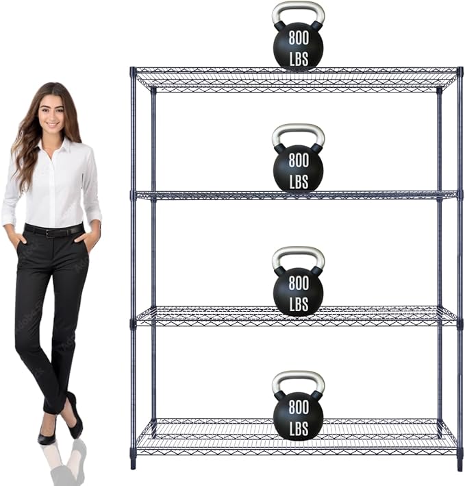 60"x18"x72" Prime Heavy Duty Black 4-Tier Wire Shelving NSF 3200 LBS MAX Capacity Storage Rack for Commercial, Hospital, School, Garage, and Kitchen Uses (with Wheels)-Ruum Studio Home