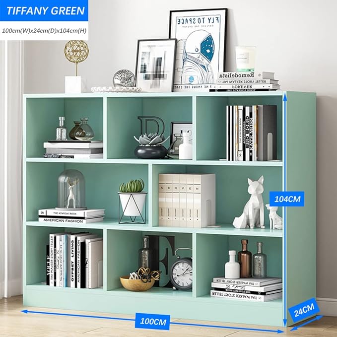 IOTXY Open Shelf Low Bookcase - Wooden 3-Tier Floor Standing Display Cabinet Organizer with Base, 8 Cubes Short Horizontal Bookshelf in Tiffany-Green-Ruum Studio Home