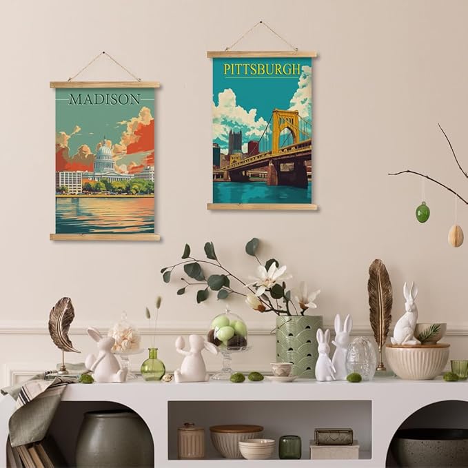 WREVERW Vintage Madison Poster Canvas Print with Wooden Hanger Frame, Featuring the Iconic Wisconsin State Capitol and Lakeside View, Wall Art for Home and Office Decor, 16x23 inches-Ruum Studio Home