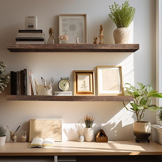 LaVie Home Floating Shelves, 36 Inch Wall Shelf Set of 2, Hanging Shelf with Invisible Brackets, Wall Decor for Bathroom, Bedroom, Living Room, Kitchen Storage, Rustic Brown-Ruum Studio Home