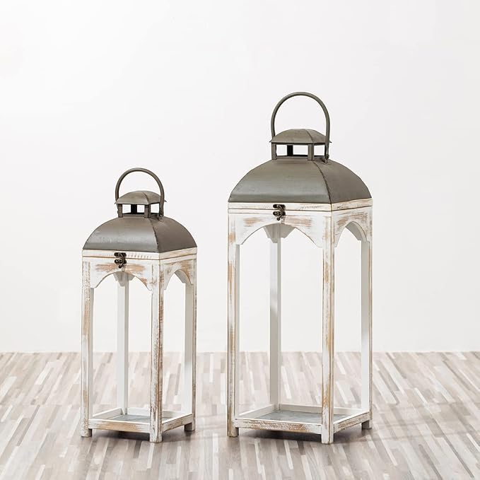 Glitzhome Set of 2 Mondern Farmhouse Wood Metal Lanterns Decorative Candle Lanterns, White (No Glass)-Ruum Studio Home