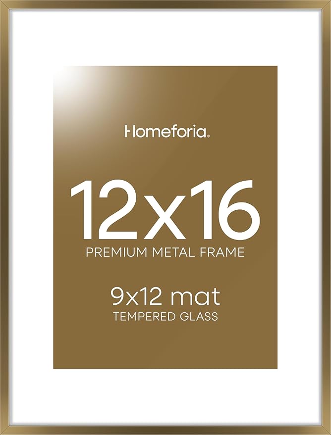 Homeforia 12x16 Picture Frame Bronze, High End Metal 12x16 Brass Poster Frames with Mat 9x12 Photo, 12 x 16 Bronze Frame Matted to 9 by 12 Print, 16by12 Thin Frames, Tempered Glass, Wall Kit, Set of 1-Ruum Studio Home